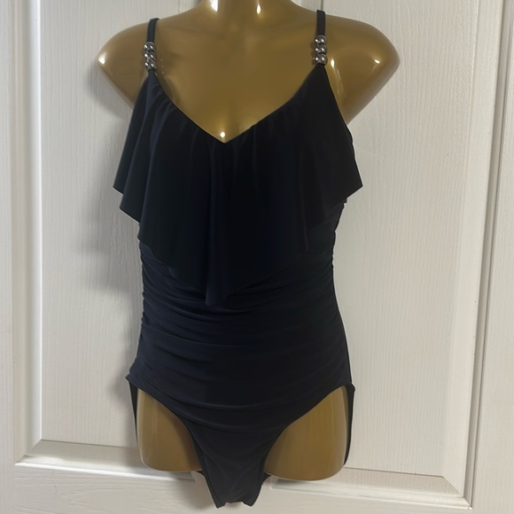 MAGIC SUIT Black V Neck with Beads Sz 10 Slimming One Piece - Picture 1 of 14